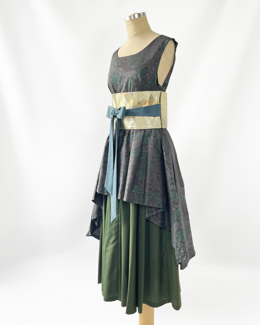 大島紬 二段フレアワンピース グリーン