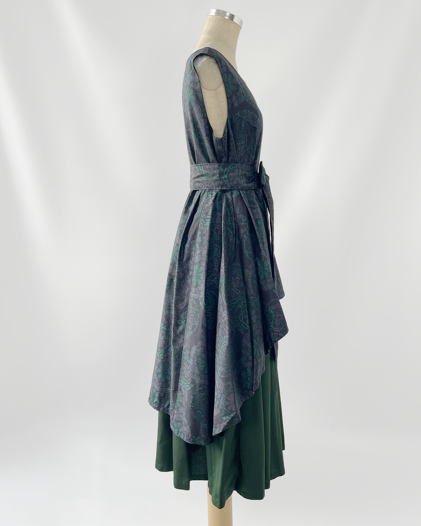 大島紬 二段フレアワンピース グリーン