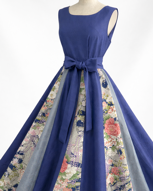 正絹 ネイビー×四季花柄 パッチワークワンピース B80315