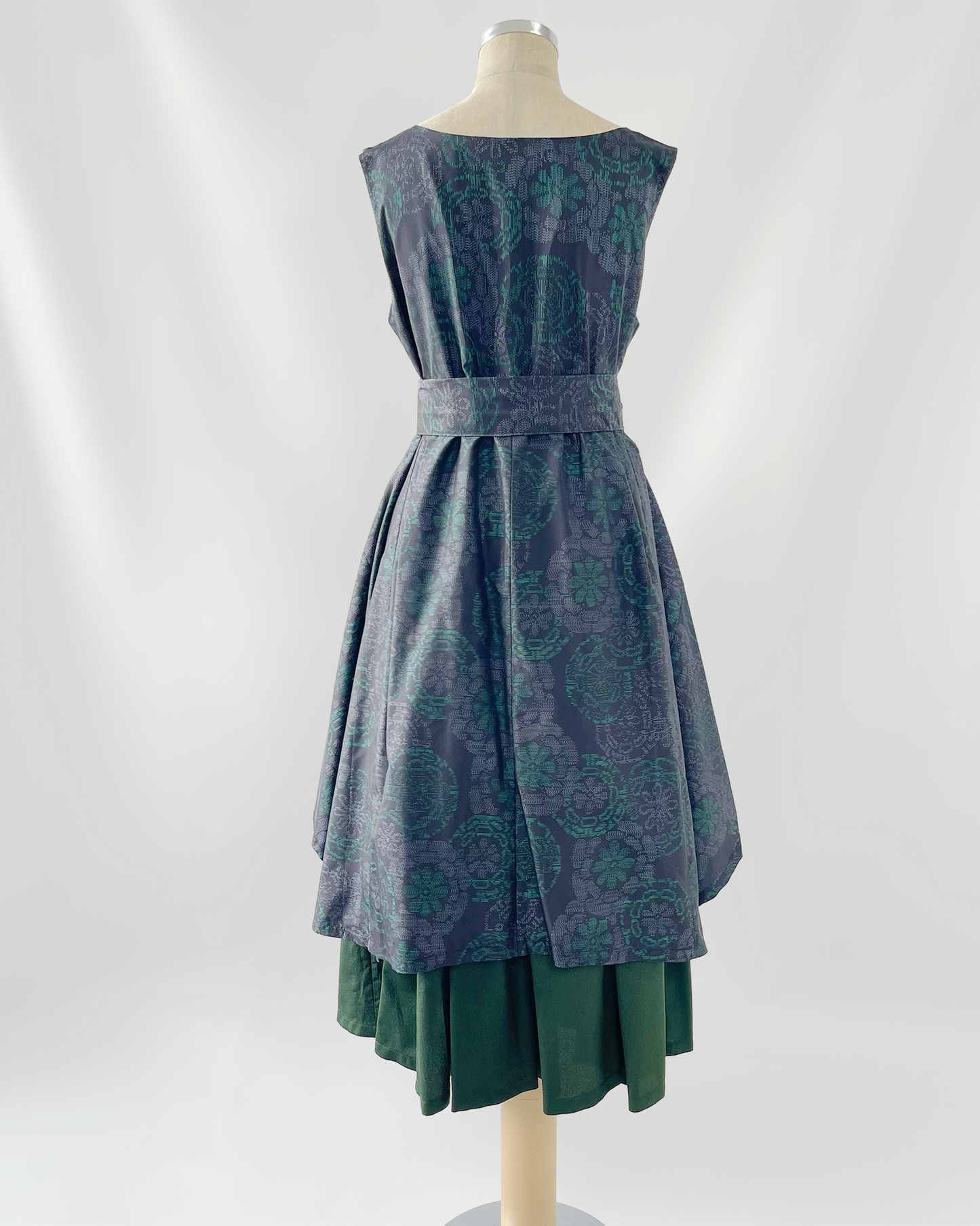 大島紬 二段フレアワンピース グリーン