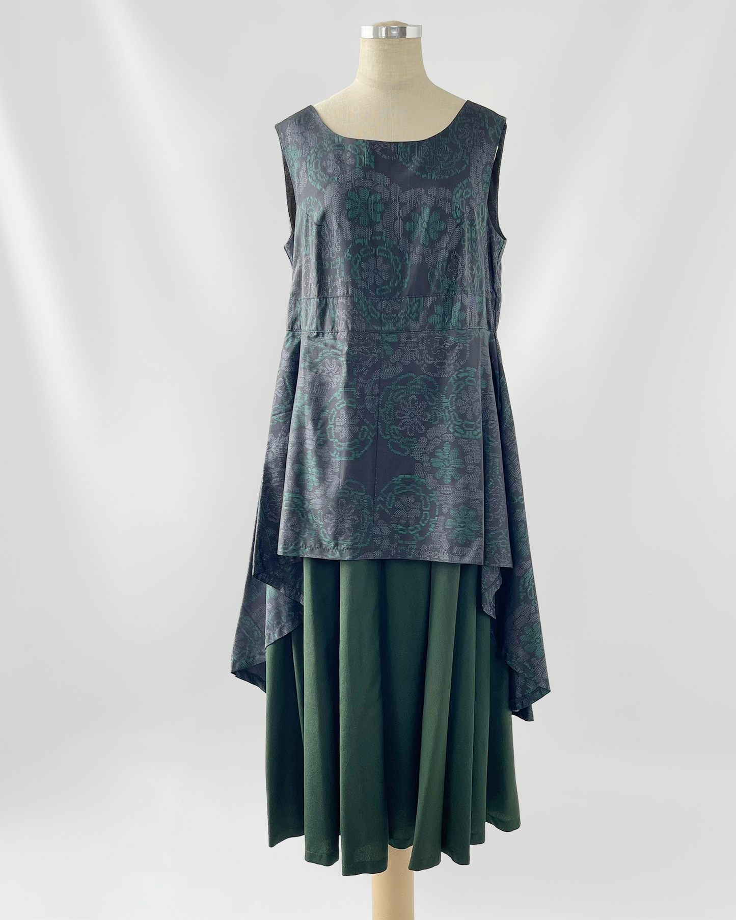 大島紬 二段フレアワンピース グリーン