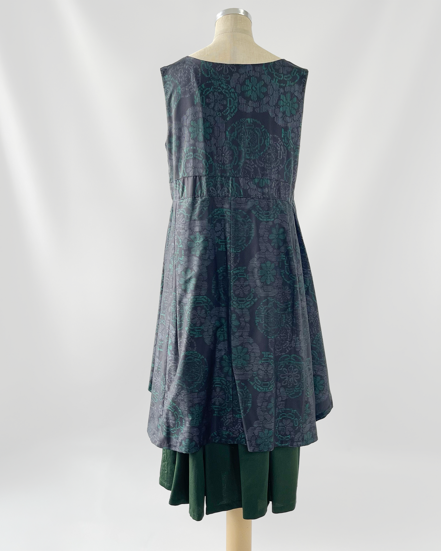 大島紬 二段フレアワンピース グリーン