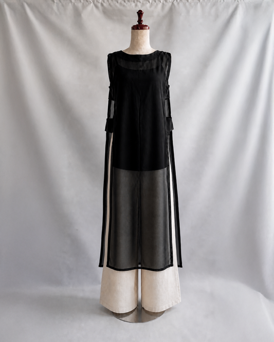 黒絽 レイヤードロングジレ ストレート シアー着物 Kimono sheer Layered Long Gilet