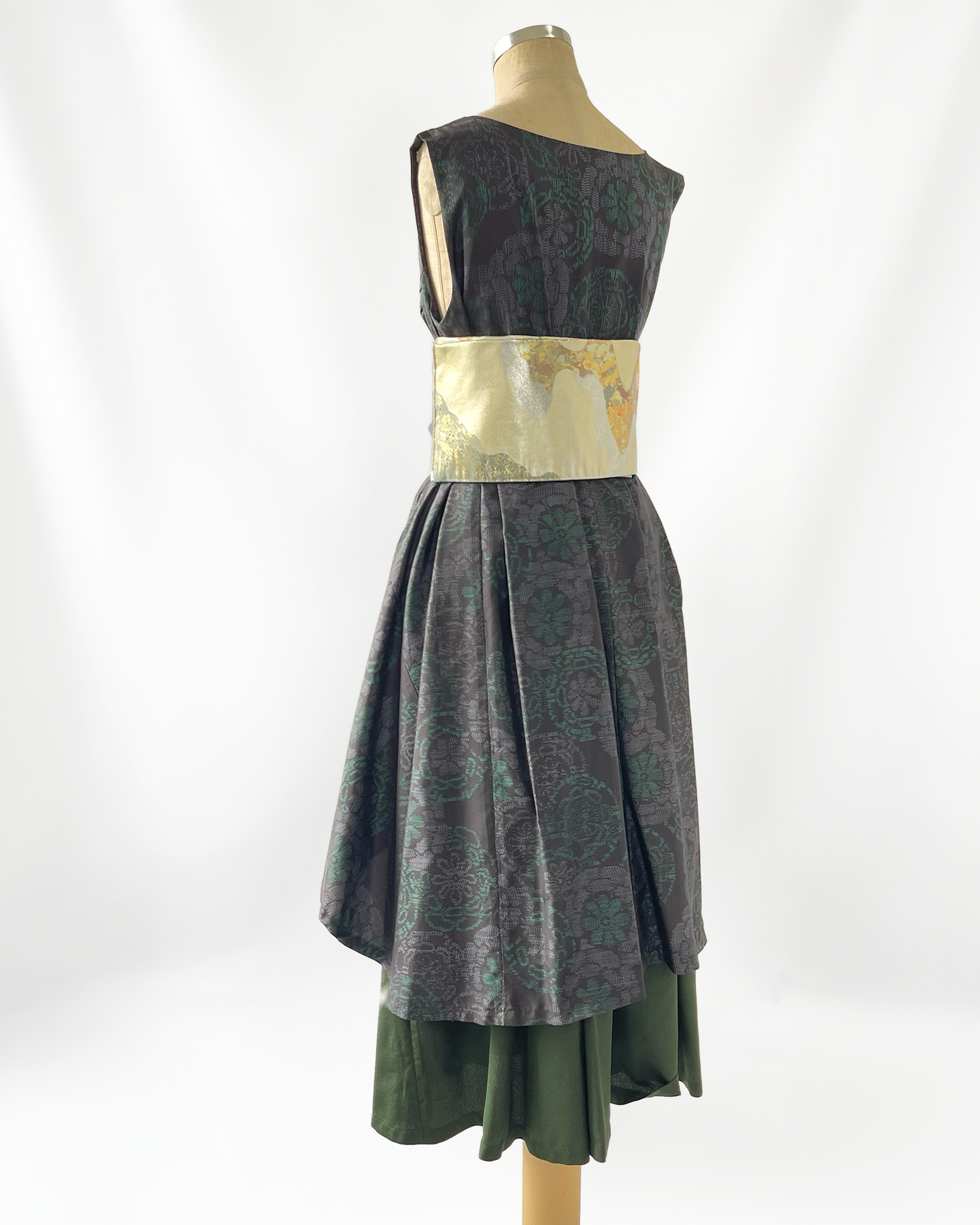 大島紬 二段フレアワンピース グリーン