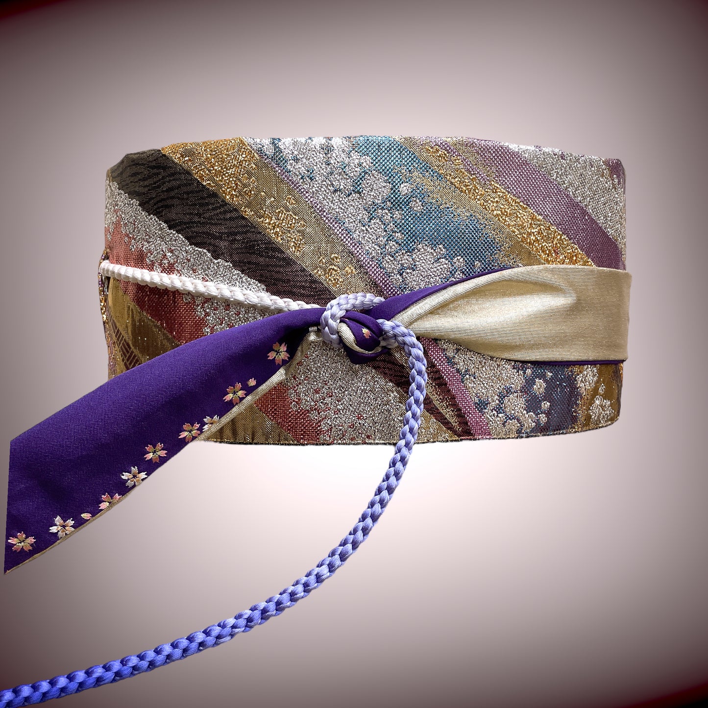 ラメ糸煌めく キラキラ刺繍帯 リバーシブル サッシュベルト ウエスト 65〜95cm  着物リメイクJ70905