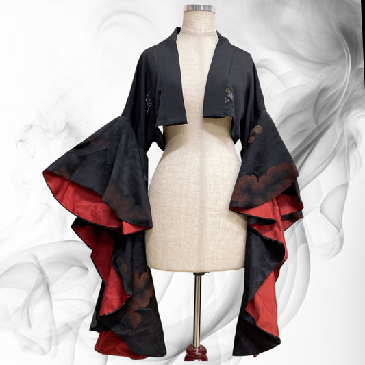 ブラック ドレープ袖 ミニ羽織 着物リメイク 黒