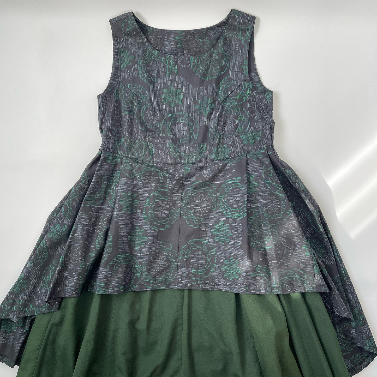 大島紬 二段フレアワンピース グリーン