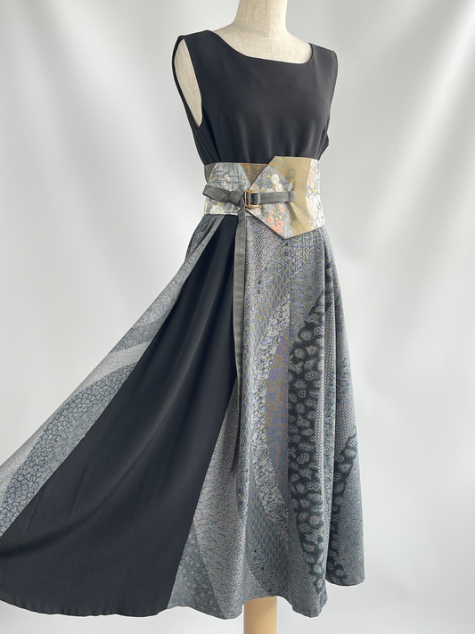 伝統工芸士 保科土山 最高級浜ちりめん アクセントカラーワンピース | 黒×グレー