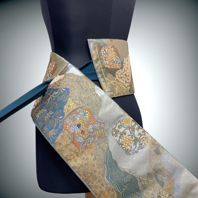 贅沢刺繍 シルバーグリーンサッシュベルト リバーシブル