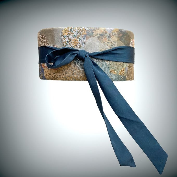 贅沢刺繍 シルバーグリーンサッシュベルト リバーシブル